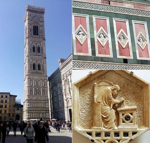 조토 종탑. 5개 층으로 구분돼있고, 다양한 대리석으로 구현한 대성당의 색조와 조화를 이루고 있다(좌). 종탑 북쪽 면에 있는 마름모꼴 장식(우상)과 하단에 있는 육각형의 장식으로 니노 파시노가 유클리드를 조각해 넣었다(우하). 우 사진=Wikipedia