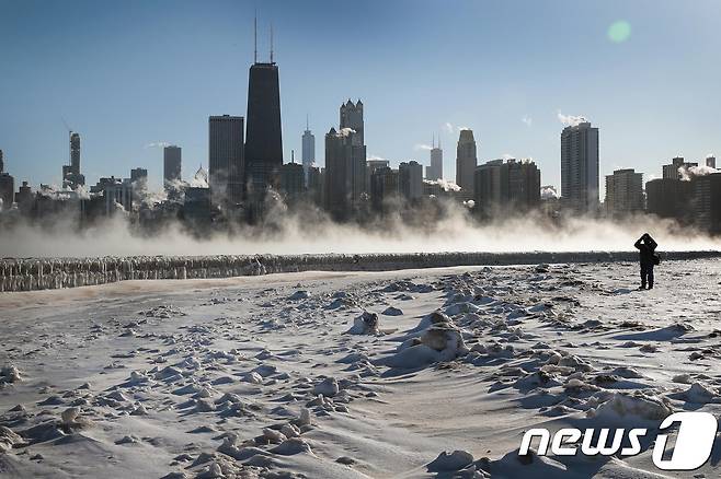 눈으로 뒤덮인 미시간호 호반에서 바라본 시카고 시내 스카이라인. © AFP=뉴스1