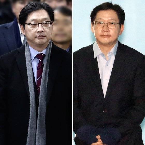 30일 선고 전 공판에 출석하고 있는 김경수 경남지사(왼쪽)와 선고받은 뒤 호송차에 오르기 위해 이동하는 김 지사의 모습. [연합뉴스]