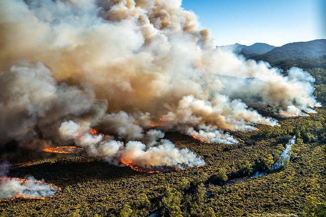 지난 23일(현지시간) 호주 남동부 태즈메이니아에서 큰 규모의 산불이 나 숲을 태우고 있다. 태즈메이니아｜AAP 연합뉴스