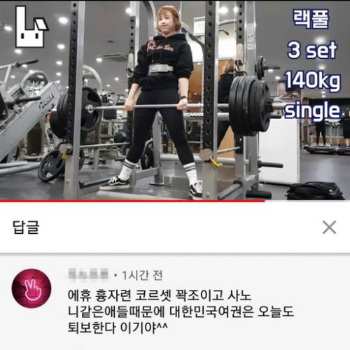 헬스유튜버 이토끼의 영상에 한 누리꾼이 ‘흉자’와 ‘코르셋’ 등이 담긴 댓글을 달았다. 유튜브 캡처