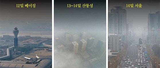 중국발 미세먼지가 베이징과 산둥성을 거쳐 국내에 유입된 것으로 확인됐다. 왼쪽부터 12일 중국 베이징 국제공항, 13~14일 산둥성 지난시 도심, 14일 서울 서초구 일대의 모습. [사진 이매진차이나, 뉴시스]