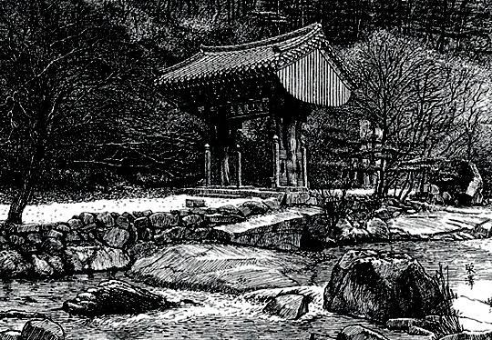 펜화로 그린 경북 문경 봉암사 일주문. 탤런트 고두심 씨가 전시장을 찾아 구입했다.