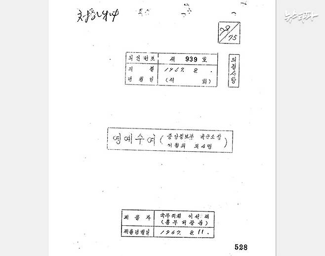 ▲ 의안번호 제 939호 영예수여 (중앙정보부 육군소장 이철희 외 4명) 1페이지