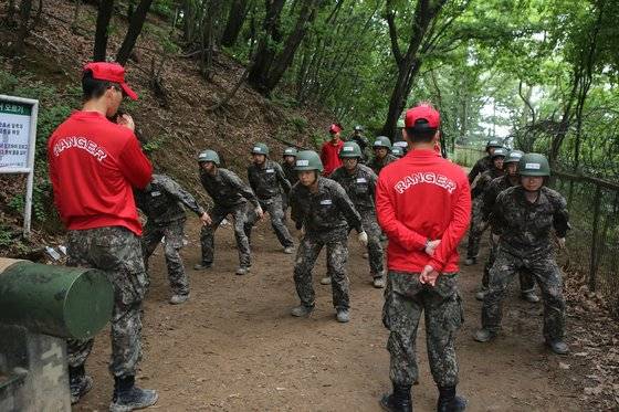 조교들이 훈련에서 PT 체조를 지시하고 있다. [사진 17사단 제공]
