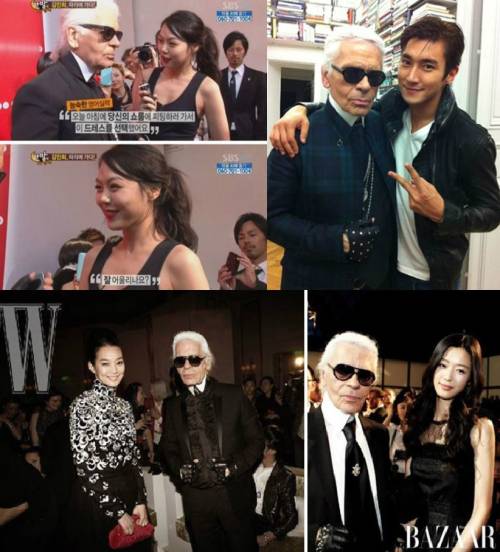 &nbsp;배우 김민희, 배우 겸 가수 최시원, 배우 전지현, 배우 신민아와 함께한 칼 라거펠트.(사진 위에서 왼쪽부터 시계방향 순)