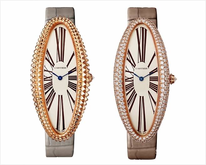 사진 : CARTIER, 베누아 알롱제 워치 (좌) Extra Large 모델 - 핑크 골드, 그레이 앨리게이터 가죽 스트랩, 1917 MC 매뉴얼 무브먼트 (우) Extra Large 모델 - 핑크 골드, 브릴리언트 컷 다이아몬드가 세팅된 케이스, 토프 앨리게이터 가죽 스트랩, 1917 MC 매뉴얼 무브먼트 © Cartier