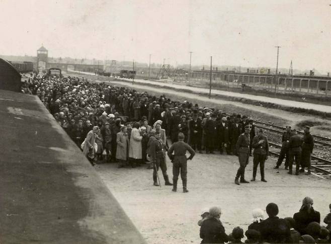 Hungarian Jews from the Tet ghetto arriving at Auschwitz II, May/June 1944