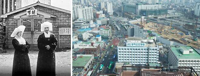 서울 동대문구 청량리에서 62년간 서민을 진료해온 성바오로병원이 오는 22일 폐원한다. 10층 건물 위로 보이는 병원 간판(사진 가운데)도 곧 내려진다. 병원 주위로 재개발 사업이 한창이다. 왼쪽 작은 사진은 1957년 청량리에서 새로 문을 연 성바오로병원 앞에 성바오로회 소속 두 수녀가 서 있는 모습. /고운호 기자·성바오로병원