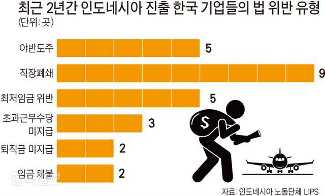 최근 2년간 인도네시아 진출 한국 기업들의 법 위반 유형. 20개 업체 유형별 중복 집계 그래픽=김문중 기자