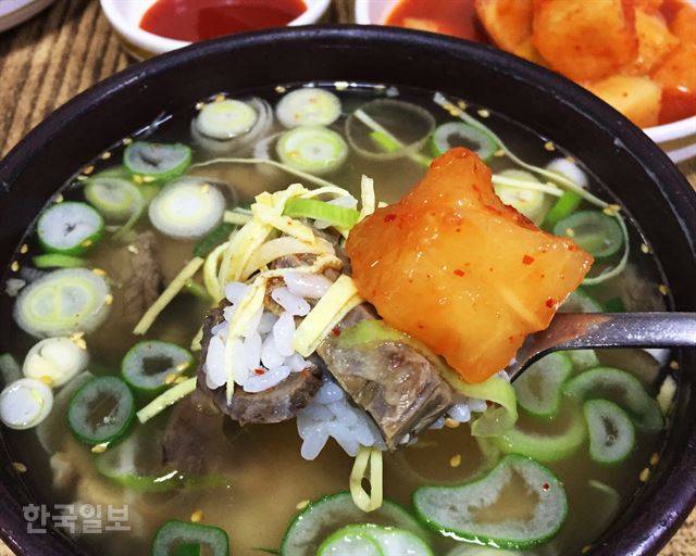 나주곰탕은 잘 익은 깍두기와 썩 잘 어울린다.