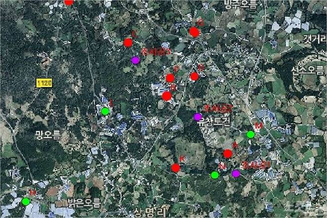 가축분뇨 불법 배출로 지하수가 오염된 곳을 표시한 도면.(사진=제주도 제공)