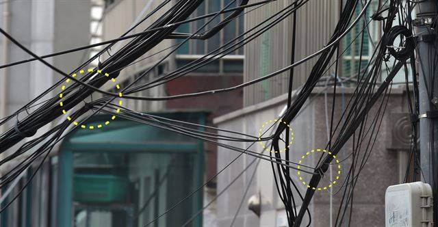 서울 서대문구의 한 전신주에 설치된 통신선이 조가선 대신 또다른 통신선에 매달려 있다.