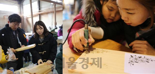 우드 도마 만들기와 버닝공예에 참가하고 있는 사람들의 모습입니다. /제공=최정석