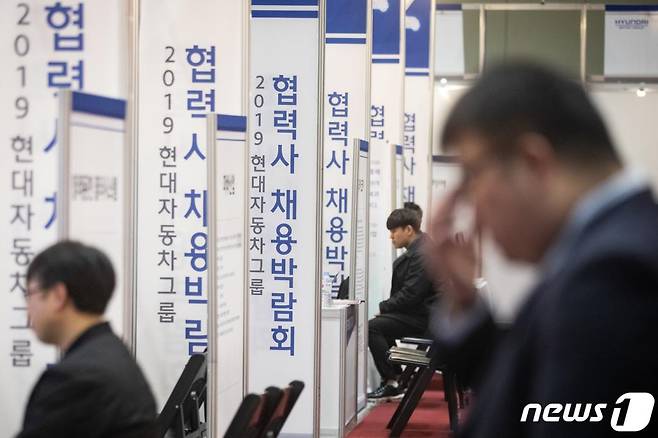 지난 20일 서울 강남구 코엑스에서 열린 2019 현대자동차그룹 협력사 채용박람회에서 구직자들이 채용면접을 보고 있다. /사진=뉴스1