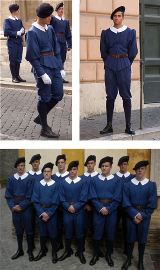 바티칸에 가면 위 사진처럼 청색옷을 입은 대원들을 볼 수 있다. 이 복장은 행사, 제식, 경호가 아닌 일반 활동을 할 때 입는 `일반 근무복`이다. 최종 선발 과정을 아직 통과하지 않은 후보생들도 이 옷을 입는다. /출처=ⓒcommunio.stblogs.org