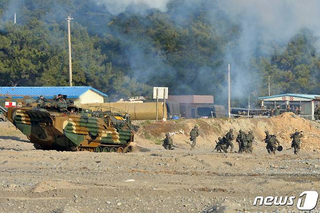 3일 오전 경북 포항시 북구 송라면 해안에서 실시된 2019년도 한국군 육·해·공 합동상륙훈련에 참가한 해병대 KAAV(한국형돌격장갑차)가 해안에 상륙하고 있다.2019.4.3/뉴스1 © News1 최창호 기자