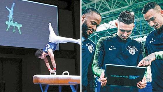 지난해 11월 국제체조연맹이 AI 기반의 기계체조 판정시스템 시범 설명회를 열었다. 오른쪽 사진은 AI가 분석한 자료를 보고 있는 맨시티의 스털링, 포든, 다닐루(왼쪽부터). [사진 국제체조연맹, 맨시티]