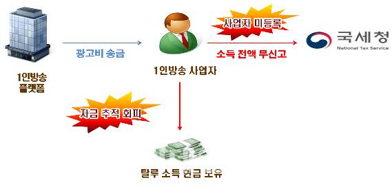 사업자 등록을 하지 않고 1인방송 플랫폼에서 받은 광고 수입금액 전액을 신고 누락한 1인방송 사업자 사례. 국세청 제공