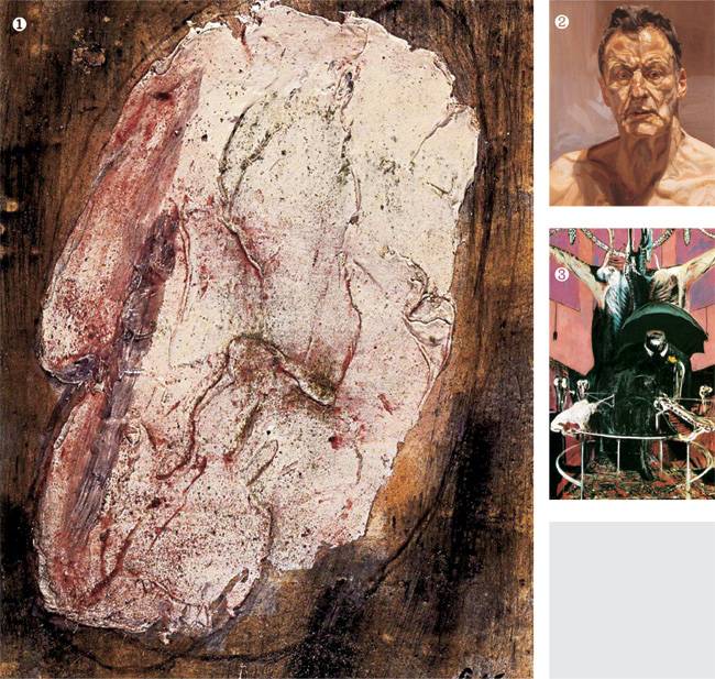 ① 재료의 물질감을 이용해 인간 본질에 대한 근본적 물음을 던진 장 포트리에의 인질 시리즈 작품. ② 수술대 위의 환자를 수술하는 외과 의사의 태도로 작품을 제작한다는 루시안 프로이트의 자화상. ③ 이성이 상실된 인간 세상을 해체된 살코기로 표현한 프랜시스 베이컨의 초기 대표작 ‘회화’.