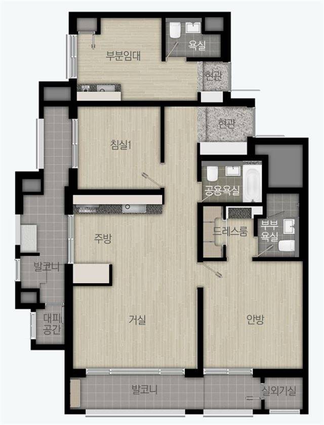 서울 성북구에 위치한 한 세대분리형 아파트 평면도. 부분임대라고 적혀있는 부분이 세대분리형 원룸 공간이다. 래미안 홈페이지