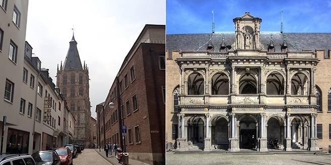 거리 끝에 시청의 종탑이 보인다(좌). 시청의 한자살(Hansasaal) 앞의 로지아(우). 우-사진=Wikipdia