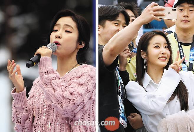 29일 서울하프마라톤 러너들을 응원하기 위해 ‘미스트롯’ 스타들이 떴다. 사진 왼쪽은 하프 코스 결승 지점인 상암월드컵공원 평화광장에서 노래하는 홍자. 오른쪽은 10㎞ 코스가 끝나는 여의도공원에서 러너들과 셀카를 찍는 박성연. /고운호 기자·장련성 객원기자