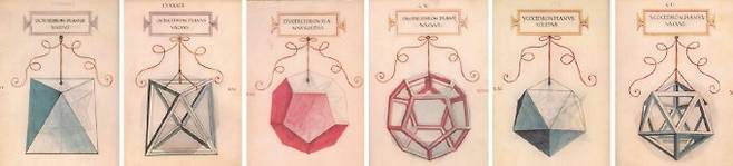 레오나르도 다빈치가 그린 ‘신성한 비례’ 속 삽화. 순서대로 정팔면체, 정십이면체, 정이십면체의 모습과 겨냥도다. 미국수학협회, 펜실베이니아 주립대학교 도서관