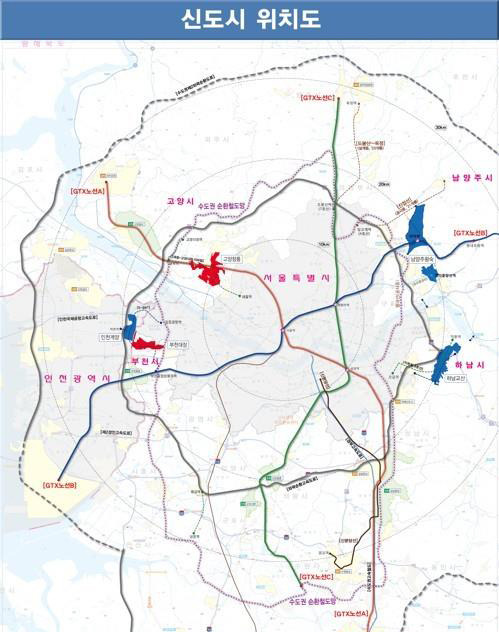 국토교통부가 7일 발표한 ‘수도권 주택 30만호 공급안-3차 신규택지 추진 계획’에 따른 신도시 위치도. 새 신도시 입지는 경기 고양시 창릉동과 부천시 대장동으로 결정됐다. 국토교통부 제공