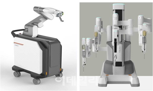 큐렉소의 척추수술로봇 큐비스(왼쪽)와 미래컴파니의 복강경 수술로봇 로보아이 각사제공