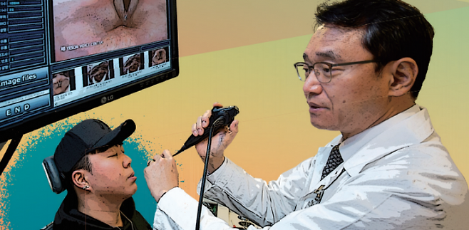 김형태 예송이비인후과 음성센터 대표원장이 내시경을 이용ㅇ해 박 씨의 성대 상태를 관찰하고 있다. 최근에는 초고속성대촬영검사를 통해 미세한  성대의 떨림을 촬영해  음의 변화도 관찰하고 있다. 사진 남윤중