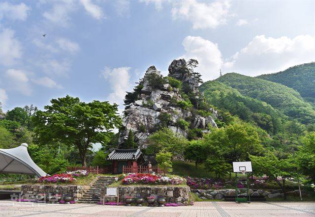상동읍의 상징 꼴두바위. 안내판에 중석을 잉태했다는 전설이 적혀 있다.