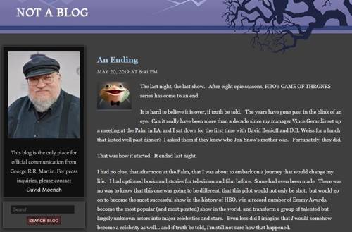 조지 R. R. 마틴이 20일(현지시간) 블로그에 올린 글 [조지 R. R. 마틴 블로그(georgerrmartin.com/notablog) 캡처=연합뉴스]