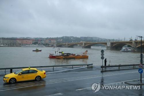 헝가리 유람선 사고 현장 (부다페스트=연합뉴스) 홍해인 기자 = 한국인 관광객들이 탑승한 유람선 '허블레아니'(헝가리어로 '인어')가 침몰한 헝가리 부다페스트 다뉴브강에서 30일 오전(현지시간) 구조 및 수색 작업을 하고 있다. 2019.5.30 hihong@yna.co.kr