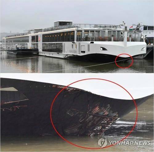 침몰한 '허블레아니'를 추돌한 것으로 추정되는 크루즈선 '바이킹 시긴'(위)과 추돌 추정 흔적(사진=연합뉴스)