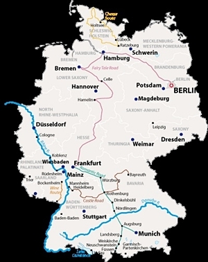 경관이 좋은 독일 지역을 연결하는 도로망 지도=Holidays on location homepage
