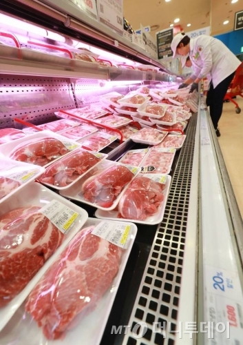 아프리카돼지열병이 중국에서 확산하면서 국내 돼지고기 가격이 오름세를 이어가고 있다. 서울 한 대형마트 정육매장에서 한 관계자가 돼지고기를 진열하고 있다. / 사진=이동훈 기자 photoguy@