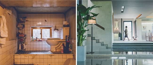 영화 ‘기생충’ 속 기택네 반지하 집 화장실(왼쪽)과 박사장네 거실 모습. 봉준호 감독은 두 공간의 대비를 통해 가난한 가족과 부자 가족의 사회적 위치를 보여준다.  CJ ENM 제공