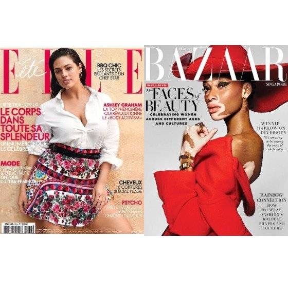 플러스 사이즈 모델인 에슐리 그레이엄(왼쪽)과 백반증 모델 위니 할로우.[사진 엘르·바자]