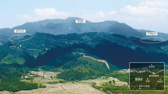 DMZ 북쪽의 오성산과 저격능선, 삼각고지(철원 승리전망대 관측) 중국은 상감령으로 표시.