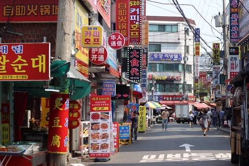 대림중앙시장 전경. 한자와 한글을 쓴 간판들이 뒤섞여 있다. 박유빈 기자