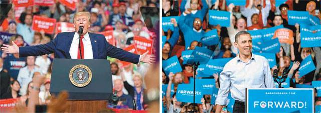 미국 플로리다주 올랜도에서 열린 도널드 트럼프 미 대통령의 재선 도전 출정식(왼쪽 사진). 오하이오주립대에서 열렸던 버락 오바마 전 대통령의 재선 출정식과 비교했을 때 행사장 규모가 더 커졌고, 트럼프 대통령의 제스처도 훨씬 더 크고 드라마틱하다. 사진 출처 워싱턴포스트·CNN 웹사이트