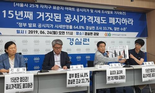 경실련 "아파트 공시지가 시세반영률, 정부 발표 절반 수준" (서울=연합뉴스) 김주환 기자 = 24일 서울 종로구 동숭동 경제정의실천시민연합(경실련) 강당에서 경실련 주최로 열린 '서울시 25개 자치구 표준지 아파트 공시지가 및 시세 조사발표 기자회견'에서 참석자들이 발언하고 있다 2019.6.24. jujuk@yna.co.kr