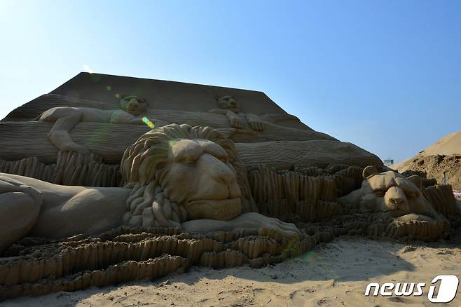 25일 오전 경북 포항시 북구 영일대해수욕장 백사장에 사자 가족 모래조각이 모습을 드러냈다.  2019.6.25/뉴스1 © News1 최창호 기자