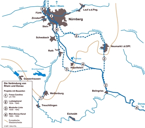 북해로 흘러드는 라인 강과 독일 중부를 동에서 서로 흐르는 도나우 강을 연결해 유럽대륙을 남북으로 연결하는 수로를 완성하려는 노력은 8세기부터 시작됐다. 1번은 포사 카롤리나라고도 하는 8세기 무렵의 카를 배수로이다. 2번은 19세기에 건설된 루트비히 운하이다. 3번은 20세기 들어 입안된 마인돌퍼 라인으로 측량단계에서 취소됐다. 4번은 1992년에 개통된 171km의 라인-마인-도나우 운하이다. 그림=Wikipedia