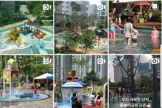 아파트단지 안 물놀이시설. 온라인 상에서 ‘#(해시태크)아파트워터파크’, ‘#아파트물놀이’ 등의 문구와 함께  공개된 사진과 동영상이 늘고 있다.  /인스타그램
