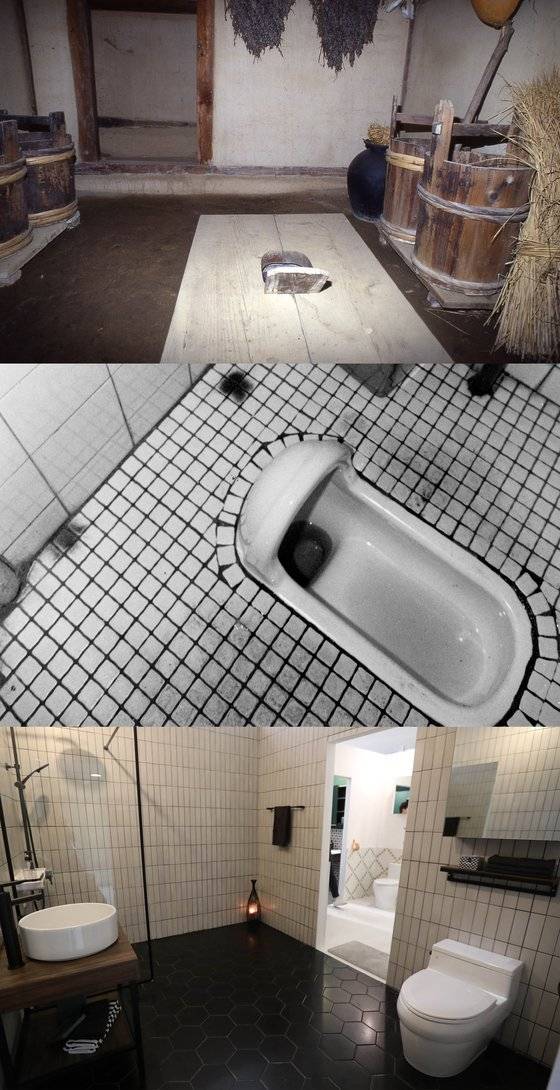 우리나라 화장실의 변천사. 경제가 발달하면서 화장실도 더욱 위생적이고 편리해졌다. 위에서부터 재래식(일명 푸세식) 화장실, 수세식 화장실, 양변기 화장실. [중앙포토]