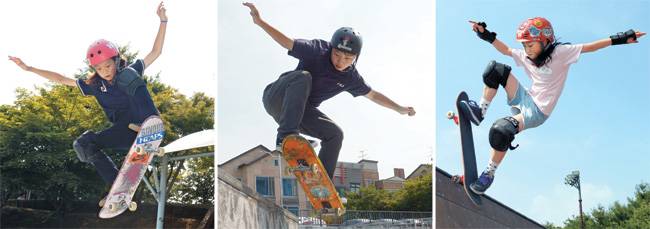 스케이트보드 초등학생 국가대표 조현주(왼쪽부터), 임현성, 홍나연이 지난 4일 경기 용인시 엑스파크공원에서 난도 높은 기술을 연마하고 있다.    김호웅 기자 diverkim@
