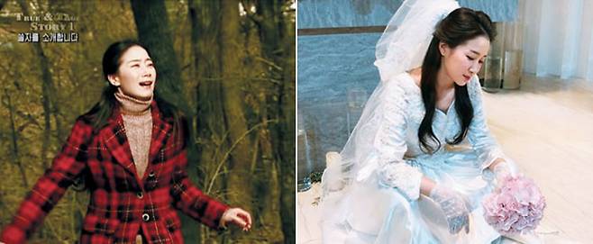 김하영은 산속을 헤매는 여인(왼쪽 사진) 등 매주 다른 인물을 연기한다. 그러나 거의 매번 나오는 장면이 있다면 결혼식. 웨딩드레스 입은 사진과 함께 "오늘도 또 간다. 지겹다"는 농담을 소셜미디어에 올린 적도 있다. / MBC 서프라이즈·김하영 인스타그램 캡처