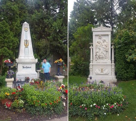 베토벤의 묘지 옆에 선 필자(왼쪽). 묘비에는 금색 나비와 하프 조형물이 있다. 오른쪽은 슈베르트의 묘지. 여신 뮤즈가 슈베르트에게 월계관을 씌우는 묘비의 조각이 돋보인다. [사진 송의호]